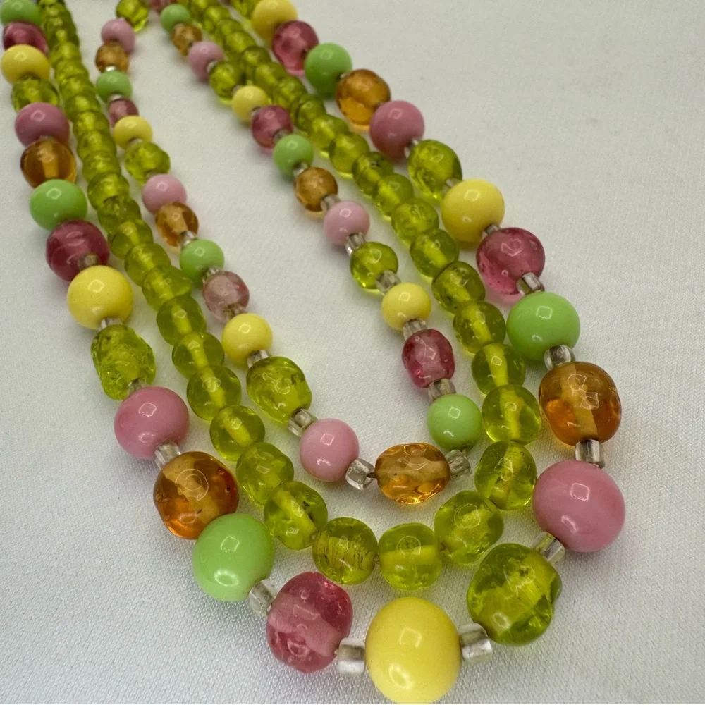 Vintage Japan Colorful Glass Bead 3 Strand Necklace Retro Statement Spring